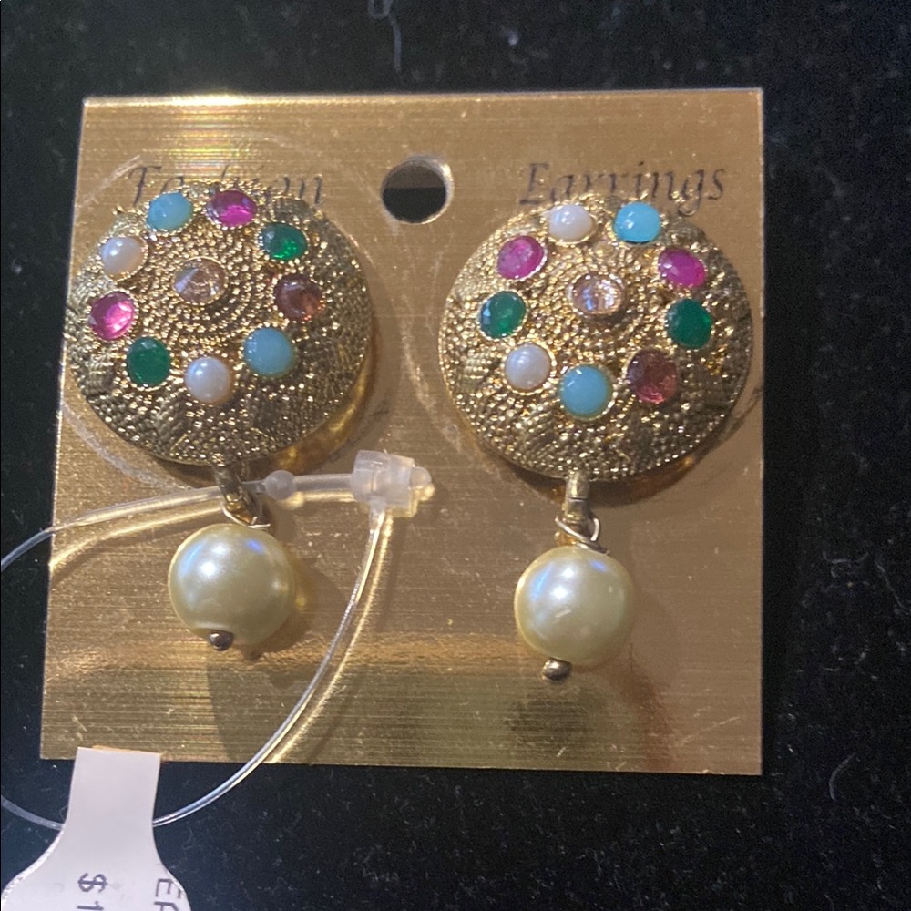 Vintage Gold-Tone Earrings with Multicolor Gems